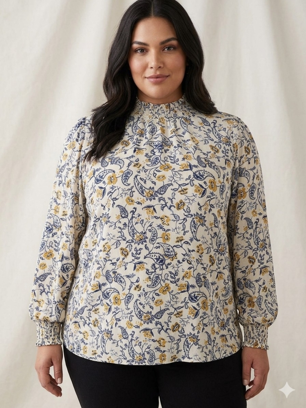 Reitmans Cream Floral Smocked Neck Blouse with Navy and Mustard Print